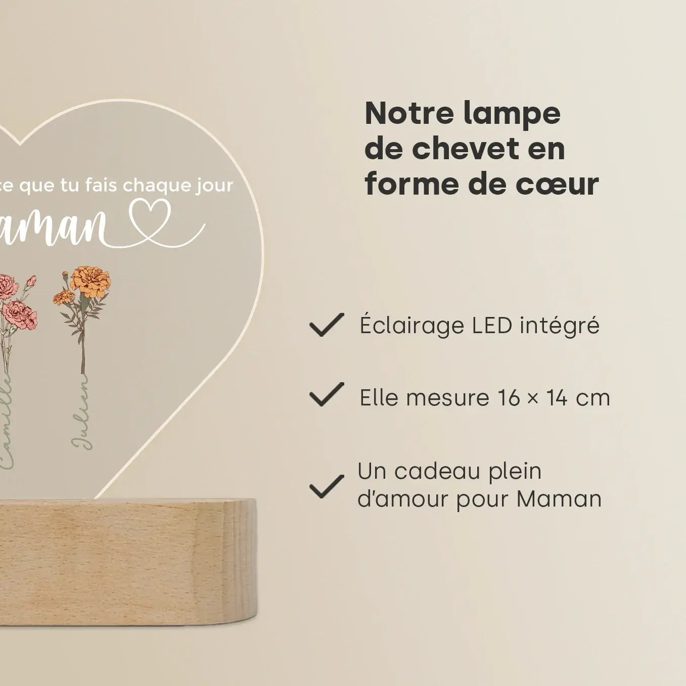 Lampe acrylique cœur personnalisée « Des fleurs pour maman » | Veilleuse, lumière décorative