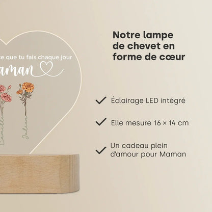 Lampe acrylique cœur personnalisée « Des fleurs pour maman » | Veilleuse, lumière décorative