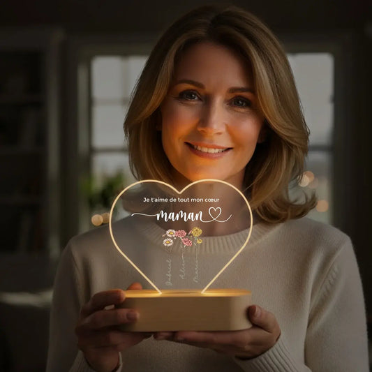 Lampe acrylique cœur personnalisée « Des fleurs pour maman » | Veilleuse, lumière décorative