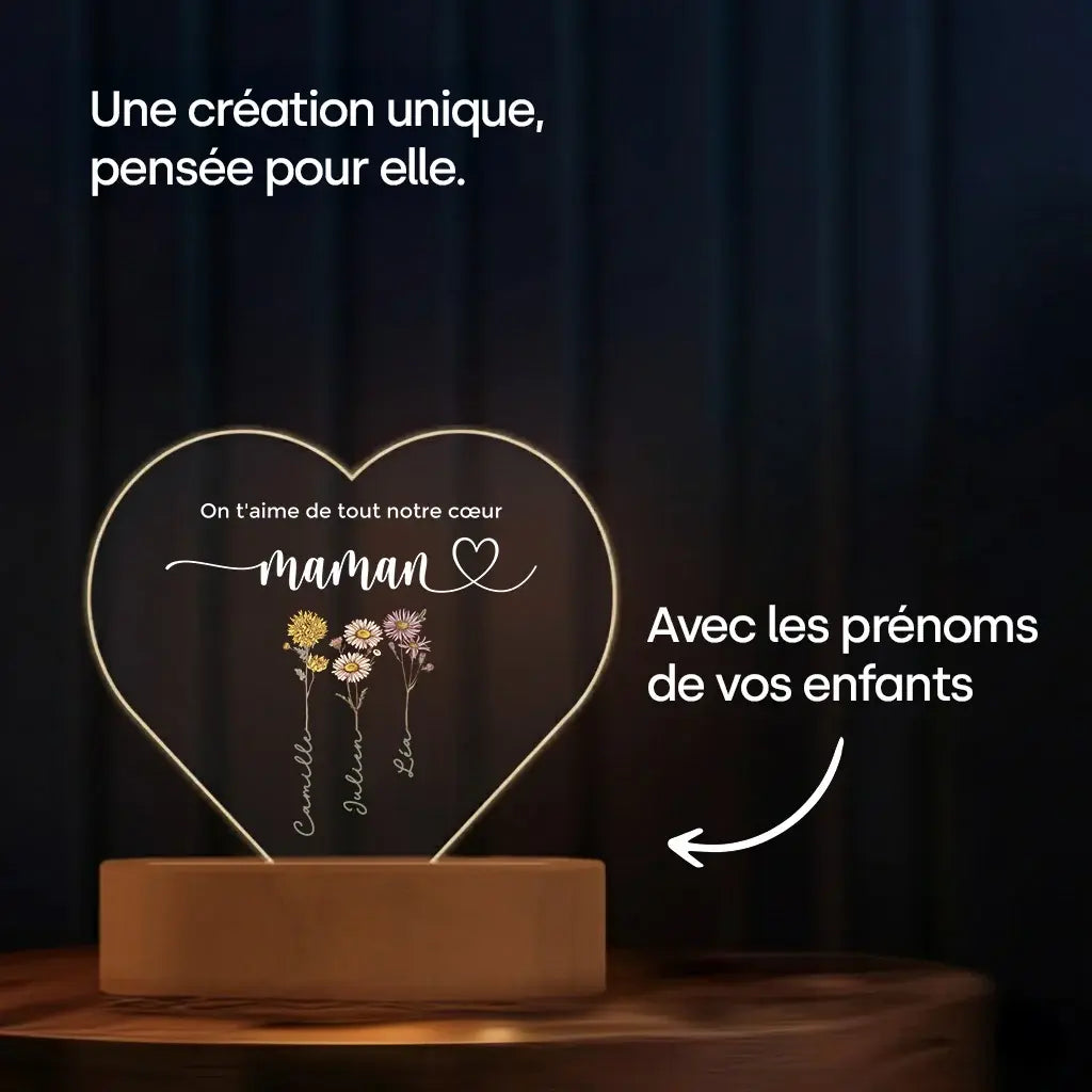 Lampe acrylique cœur personnalisée « Des fleurs pour maman » | Veilleuse, lumière décorative