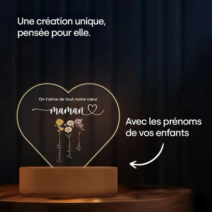 Lampe acrylique cœur personnalisée « Des fleurs pour maman » | Veilleuse, lumière décorative