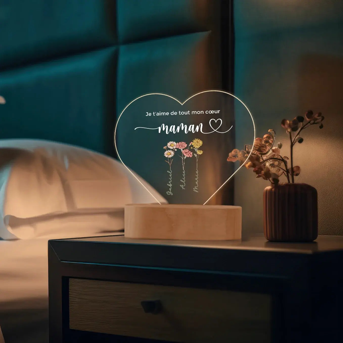 Lampe acrylique cœur personnalisée « Des fleurs pour maman » | Veilleuse, lumière décorative