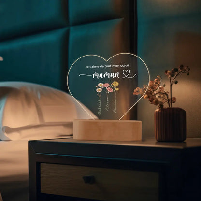 Lampe acrylique cœur personnalisée « Des fleurs pour maman » | Veilleuse, lumière décorative