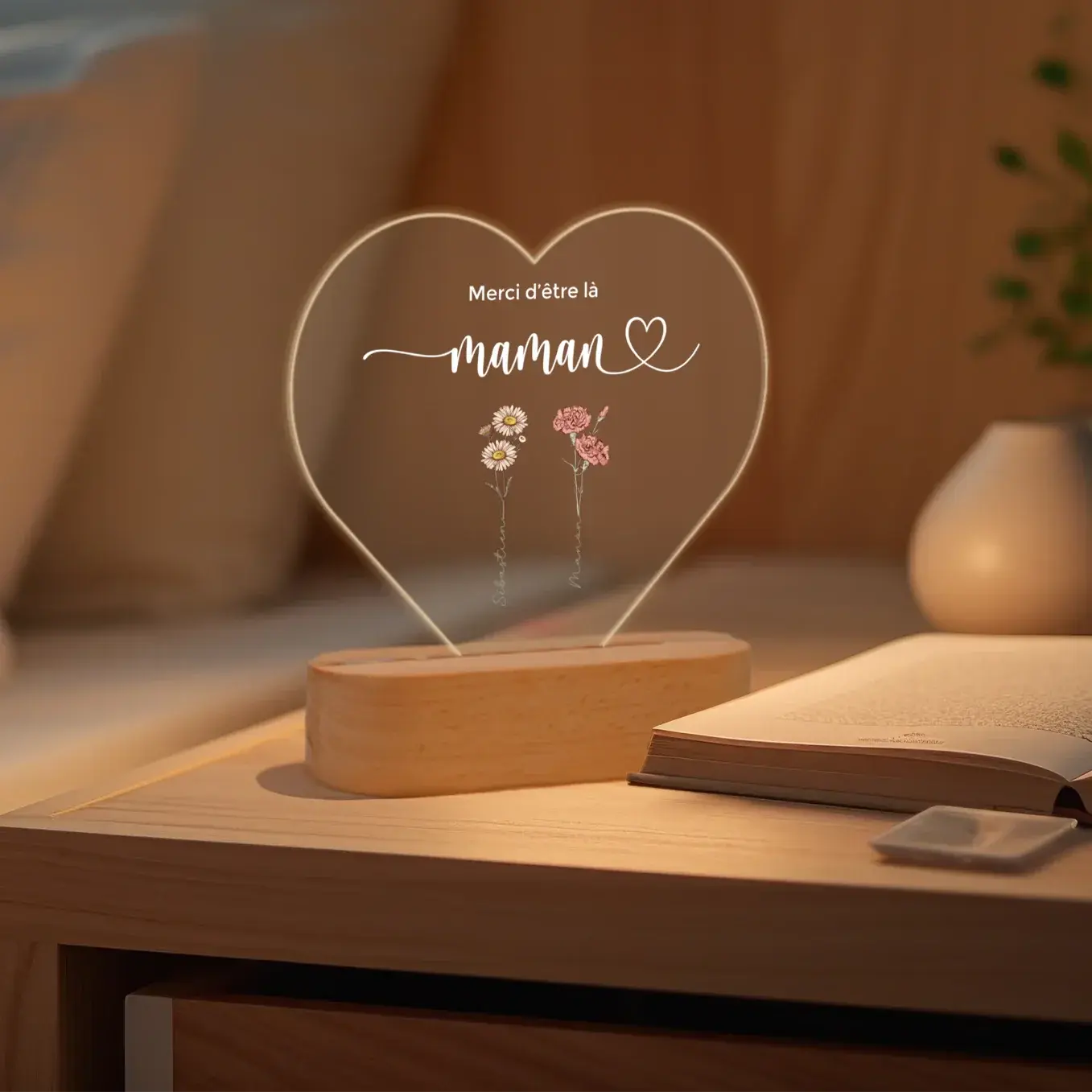 Lampe acrylique cœur personnalisée « Des fleurs pour maman » | Veilleuse, lumière décorative