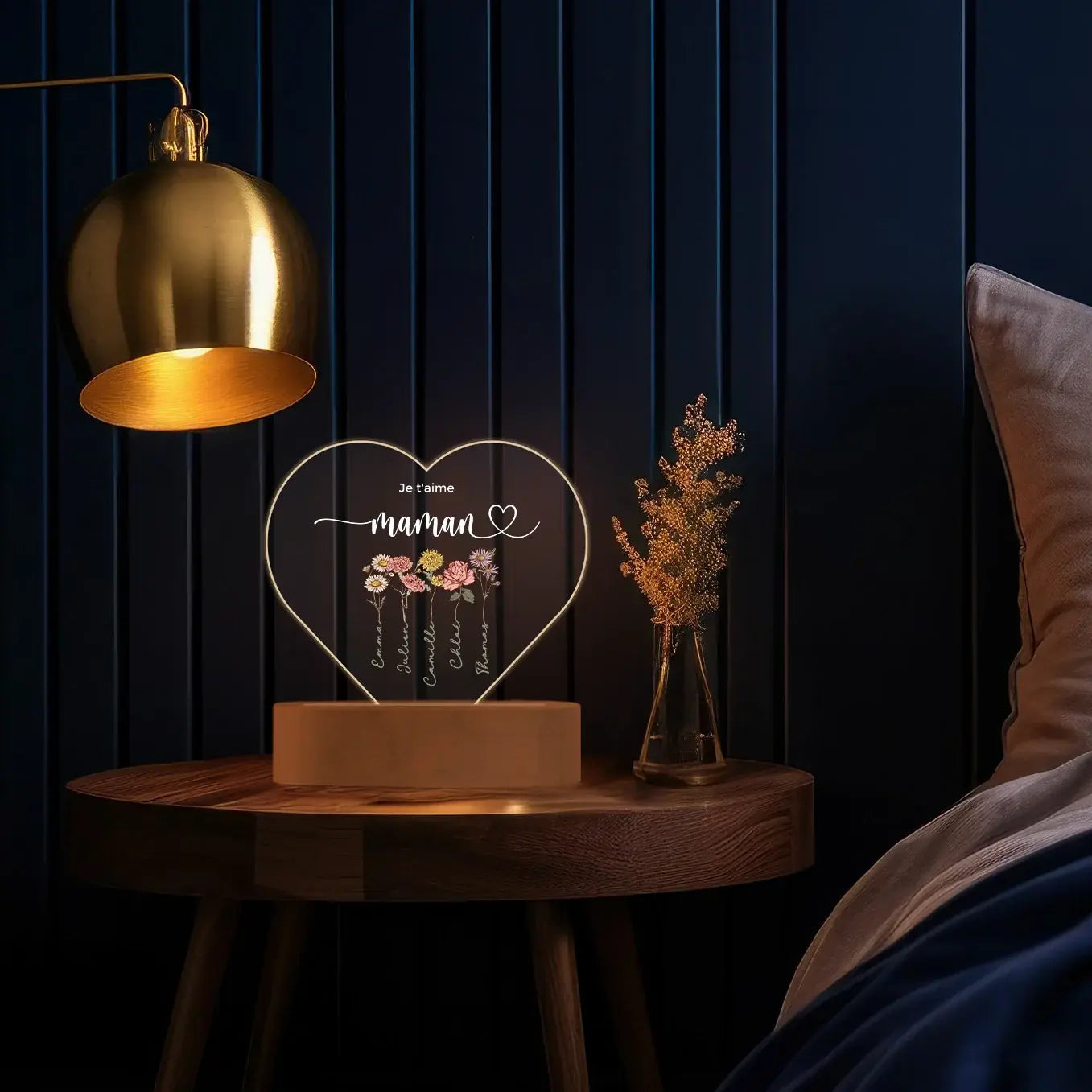 Lampe acrylique cœur personnalisée « Des fleurs pour maman » | Veilleuse, lumière décorative