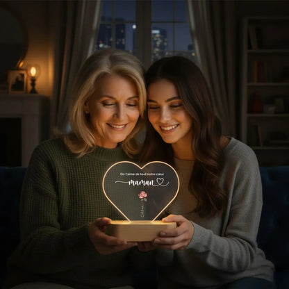 Lampe acrylique cœur personnalisée « Des fleurs pour maman » | Veilleuse, lumière décorative