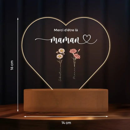Lampe acrylique cœur personnalisée « Des fleurs pour maman » | Veilleuse, lumière décorative
