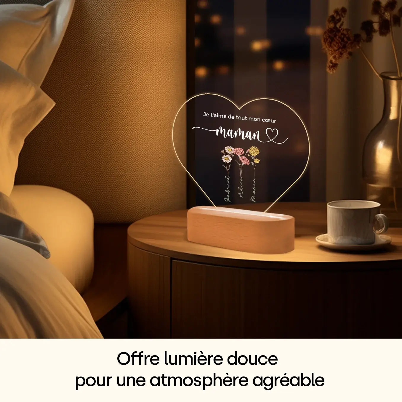 Lampe acrylique cœur personnalisée « Des fleurs pour maman » | Veilleuse, lumière décorative