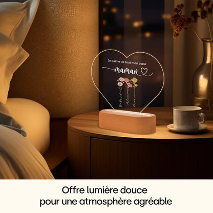 Lampe acrylique cœur personnalisée « Des fleurs pour maman » | Veilleuse, lumière décorative