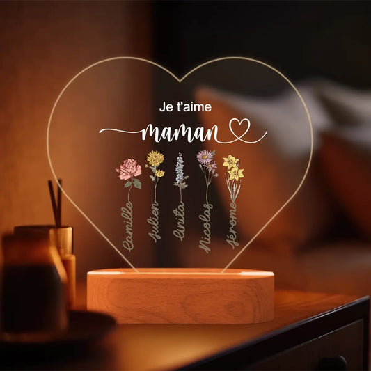 Lampe acrylique cœur personnalisée « Des fleurs pour maman » | Veilleuse, lumière décorative